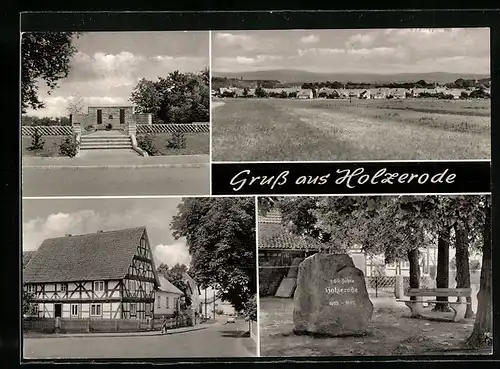 AK Holzerode, Strassenpartie mit Fachwerkshaus, Gedenkstein, Gedenkstätte