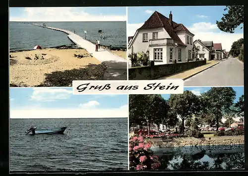 AK Stein üb. Laboe, Strassenpartie mit Wohnhäusern, Strand, Parkpartie am Wasser