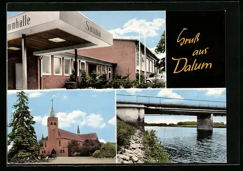 AK Dalum üb. Meppen, Schwimmhalle mit Sauna, Kirche, Brücke