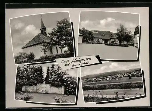 AK Hahausen am Harz, Gedenkstätte, Kirche, Platz mit Fachwerkshaus