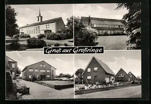 AK Grossringe /Kr. Bentheim, Strassenpartie mit Wohnhäusern, Kirche, grosses Gebäude