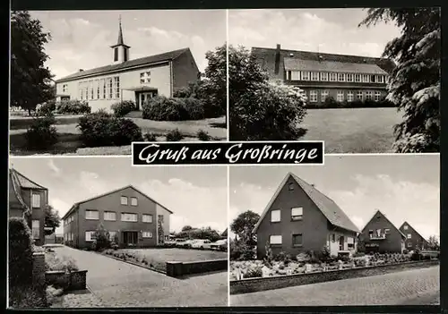 AK Grossringe /Bentheim, Ansicht der Kirche, Strassenpartie mit Wohnhäusern