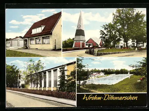 AK Wrohm-Dithmarschen, Freiwillige Feuerwehr, Kirche, Strassenpartie, Schwimmbad