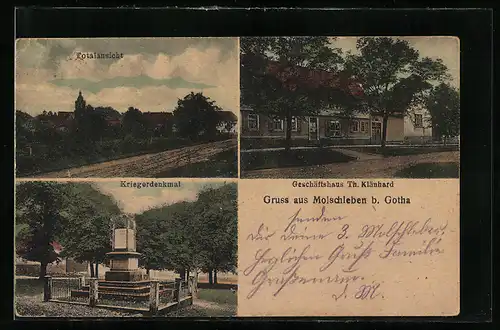 AK Molschleben b. Gotha, Kriegerdenkmal, Geschäftshaus Th. Kläuhard, Gesamtansicht