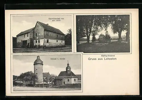 AK Lehesten / Jena, Gasthaus von Alb. Koch, Bissing-Denkmal, Schloss und Kirche