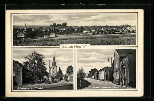 AK Flurstedt, Strassenpartie mit Materialwarenhandlung, Denkmal u. Kirche, Ortsansicht