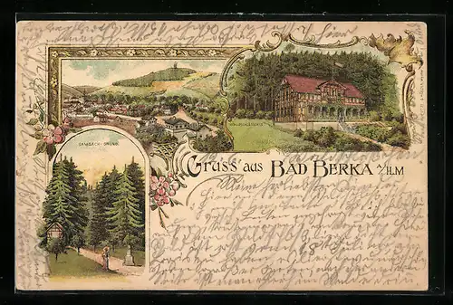 Lithographie Bad Berka a. Ilm, Waldschlösschen, Dambach-Grund, Ortsansicht