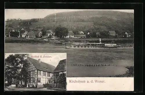 AK Kirchohsen a. d. Weser, Gasthof E. Zeddies, Dampfer vor dem Ort