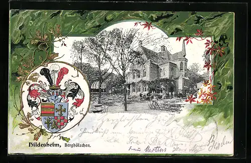 Passepartout-Lithographie Hildesheim, Gasthaus Bergholz mit Terrasse, Wappen