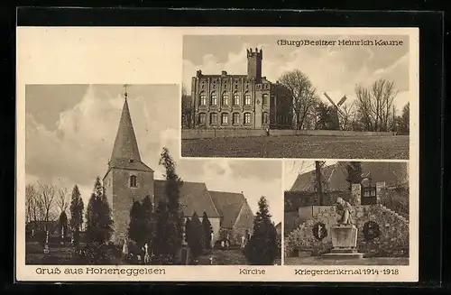 AK Hoheneggelsen, Gasthaus zur Burg, Kirche, Kriegerdenkmal