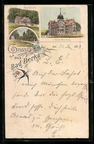 Lithographie Bad Berka, Kaiser Wilh Burg, Waldschlösschen, Dambach Grund