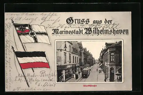 AK Wilhelmshaven, Marktstrasse mit Geschäften und Strassenbahn, Fahnen