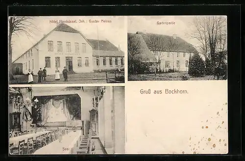 AK Bockhorn / Oldbg., Hotel Hornbüssel, Inneres Saal, Gartenpartie