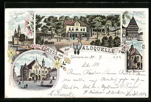 Lithographie Hildesheim, Gasthaus Waldquelle, Knochenhauer Amtshaus, Rathaus