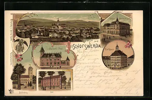 Lithographie Bischofswerda, Kaiserl. Post, Hotel König Albert, Bad, Wappen