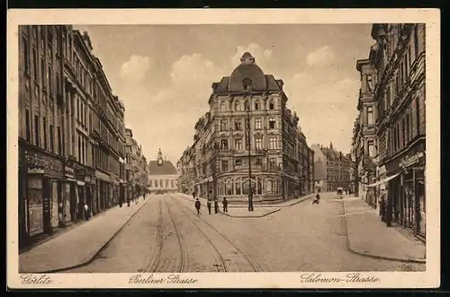 AK Görlitz, Berliner Strasse und Salomon-Strasse mit Geschäften