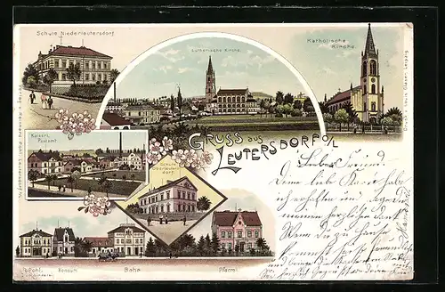 Lithographie Leutersdorf / Oberlausitz, Kaiserl. Postamt, Schule, Pfarrei