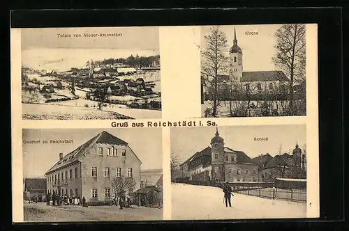 AK Reichstädt i. Sa., Gasthof zu Reichstädt, Schloss im Schnee, Kirche