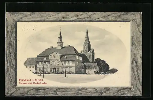 Präge-AK Friedland i. Meckl., Rathaus und Marienkirche, Passepartout
