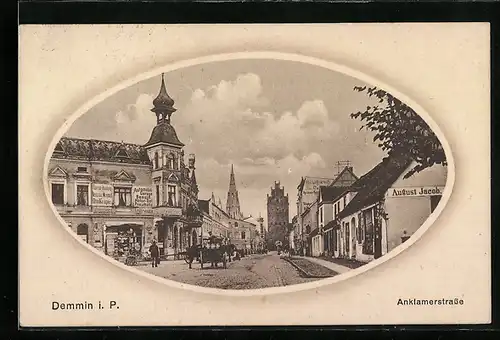 AK Demmin i. P., Anklamerstrasse mit Geschäften, Passepartout