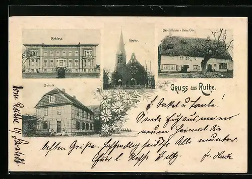 AK Ruthe, Geschäftshaus von Heinrich Gue, Schloss, Schule