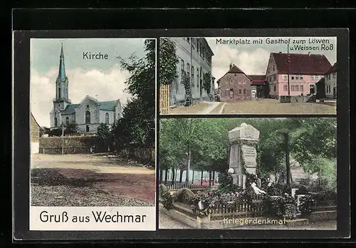 AK Wechmar, Gasthaus Zum Löwen und Zum Weissen Ross am Marktplatz, Kriegerdenkmal, Kirche