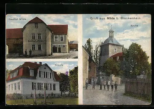 AK Milda b. Blankenhain, Gasthof Milda, Schule, Kirche