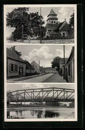 AK Kade, Kirche mit Denkmal, Am Mittellandkanal, Strassenpartie