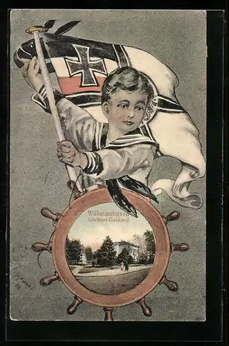 AK Wilhelmshaven, Adalbert-Denkmal, Matrose mit Fahne, Passepartout