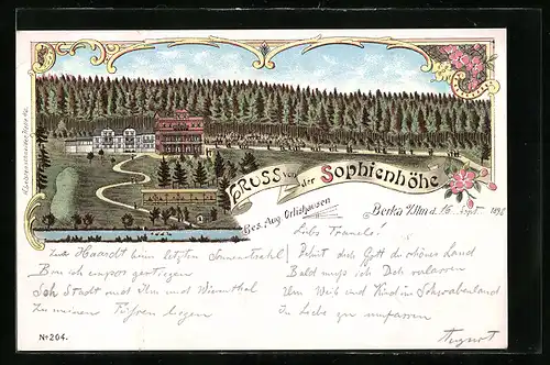 Lithographie Berka /Ilm, Gasthaus Sophienhöhe mit Umgebung und Wald aus der Vogelschau