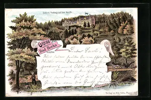 Lithographie Bad Berka, Schloss Rodberg auf der Harth