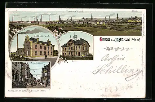 Lithographie Beckum i. Westf., Elektrizitätswerk, Post, Nordstrasse