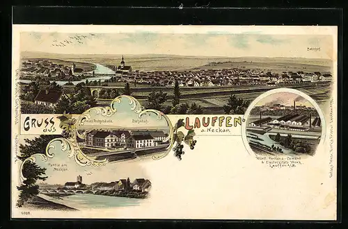 Lithographie Lauffen a. Neckar, Neues Postgebäude, Bahnhof, Totalansicht