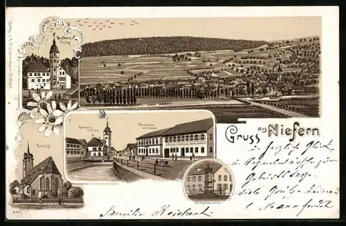 Lithographie Niefern, Gasthaus zur Kanne mit Rathaus und Kirche, Niedernburg, Kriegerdenkmal