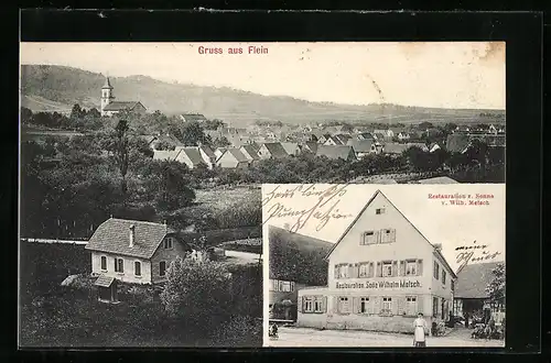 AK Flein / Neckar, Restaurant zur Sonne von Wilh. Metsch, Teilansicht mit Kirche
