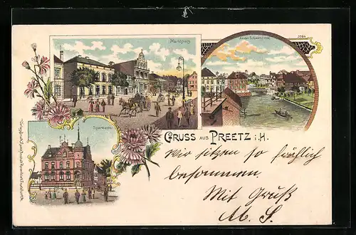 Lithographie Preetz i. H., Sparkasse, An der Schwentiene, Marktplatz
