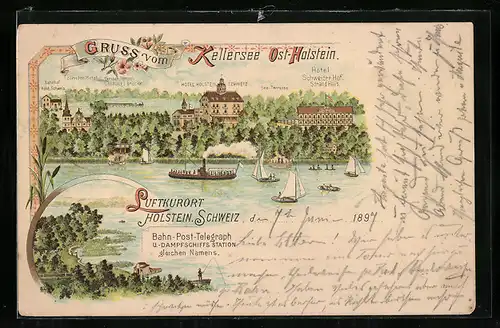 Lithographie Malente, Blick auf den Kellersee mit Hotel Schweizer Hof, 1894