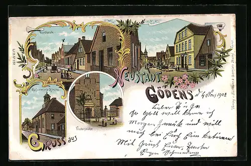 Lithographie Neustadtgödens, Vorderstrasse, Friedenseiche, Reformierte Kirche