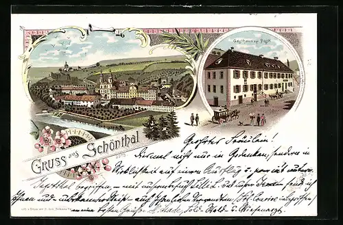 Lithographie Schönthal, Gasthaus zur Post, Ortsansicht am Wasser