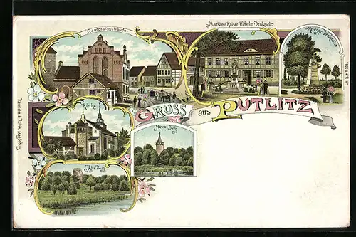Lithographie Putlitz, Krieger-Denkmal, Cantoratsgebäude, Markt mit Kaiser-Wilhelm-Denkmal, Alte Burg