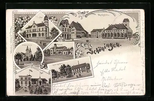 Lithographie Schöningen, Marktplatz, Post, Bahnhof und Hotel Kurhaus