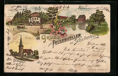 Lithographie Schallenburg, Brauerei Felsenkeller, Mühle und Kirche
