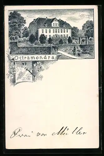 Lithographie Ostramondra, Blick zum Schloss