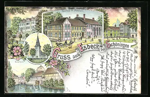 Lithographie Esbeck / Schöningen, Gasthof W. Nuthmann, Burg Esbeck, Burg-Teich, Kirche
