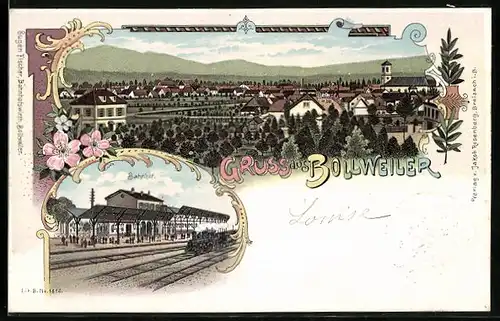 Lithographie Bollweiler, Bahnhof und Panorama