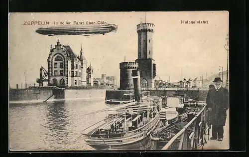 AK Köln, Zeppelin über der Hafeneinfahrt, Dampfer