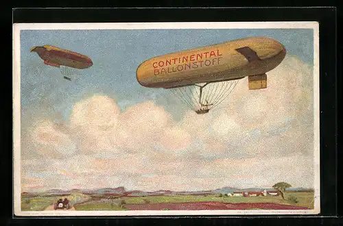 AK Reklame für Continental Ballonstoff, Zeppeline im Flug