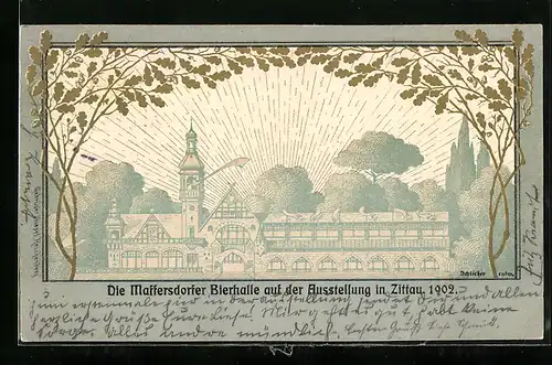 Lithographie Zittau, Maffersdorfer Bierhalle auf der Ausstellung 1902