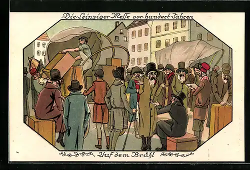 Künstler-AK Die Leipziger Messe vor hundert Jahren, Jüdische Bevölkerung auf dem Brühl