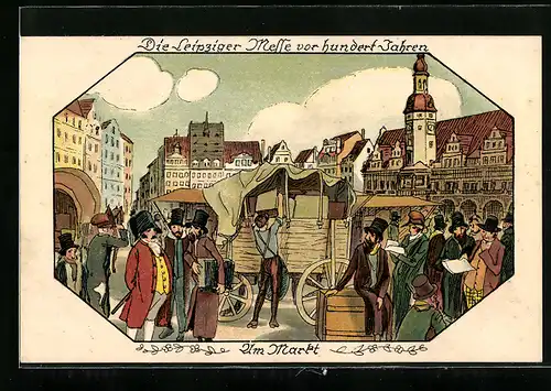 Lithographie Leipzig, Leipziger Messe vor hundert Jahren - Geschäftstreffen am Markt mit jüdischen Kaufleuten